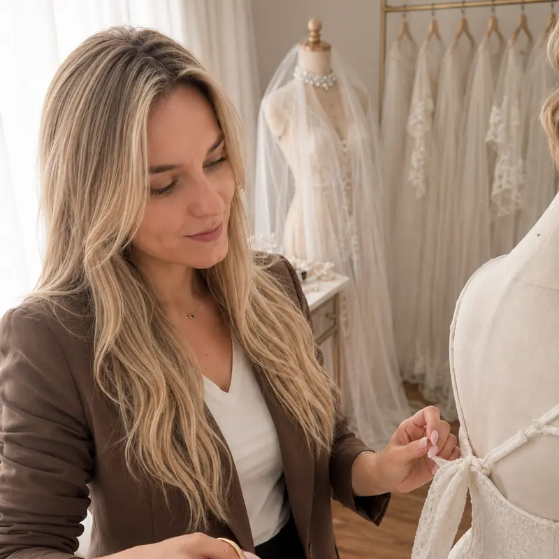 Tailor trimming a lace bridal gown on a dress form at Stitching Studio