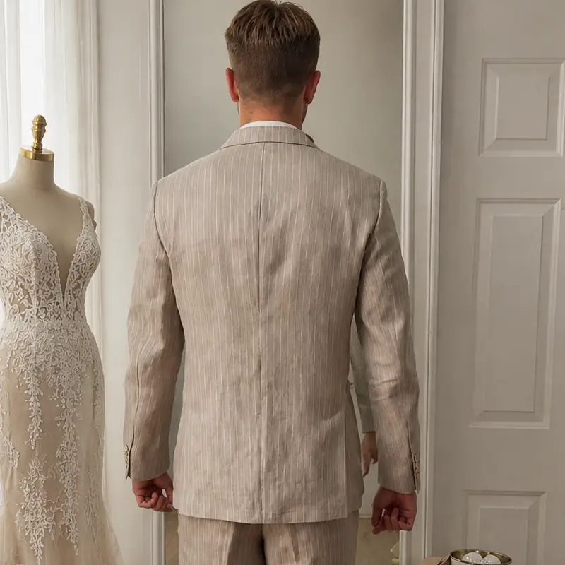 Groom in a tailored beige linen suit after jacket and trouser alterations