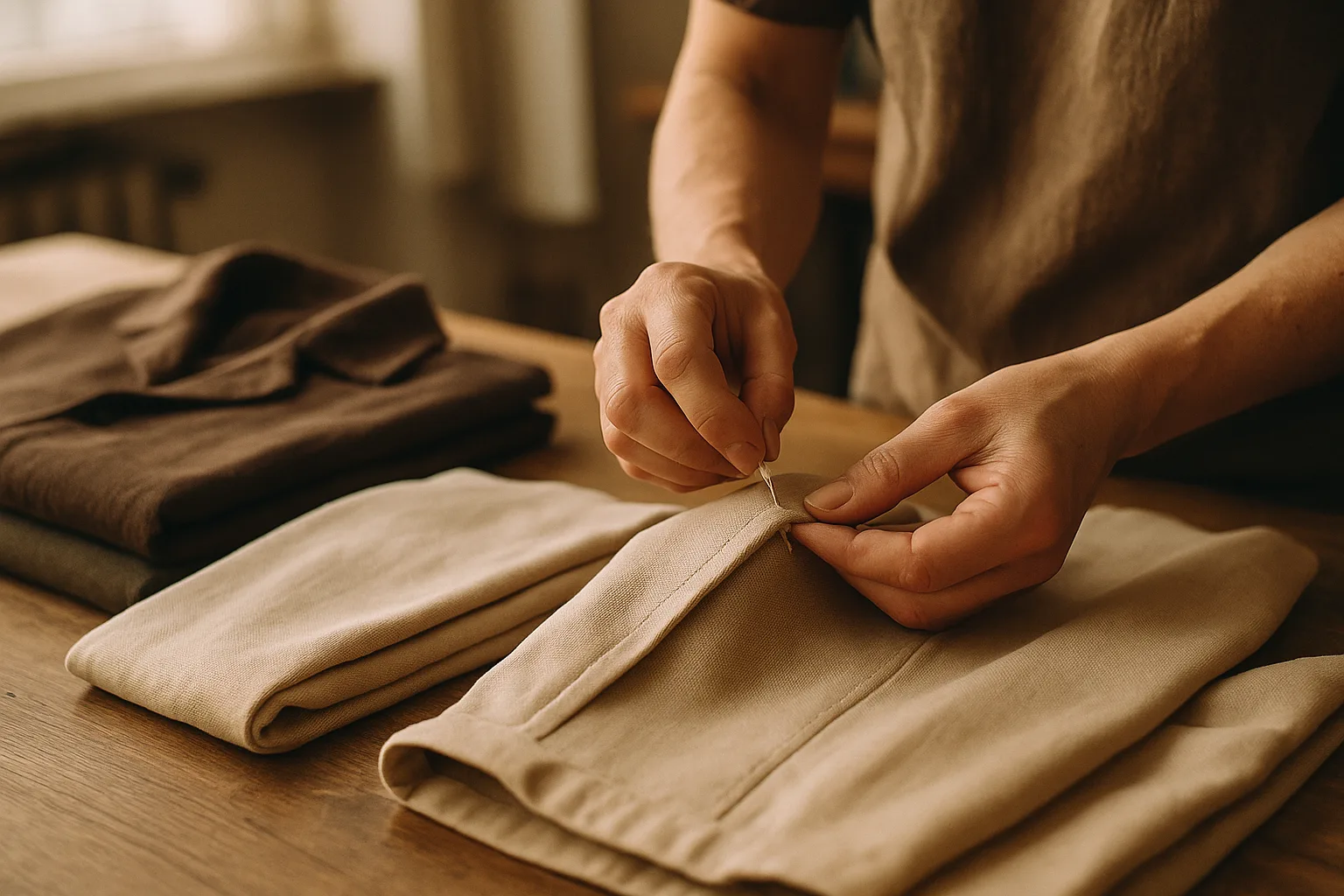 Hand-finishing bundle alterations at the Stitching Studio atelier