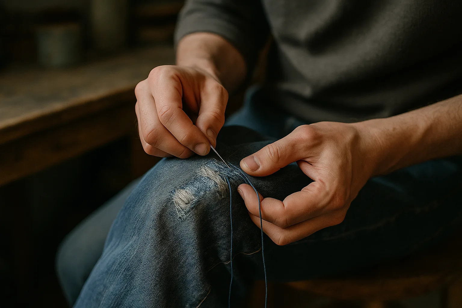 Hand-finishing denim & casual alterations at the Stitching Studio atelier